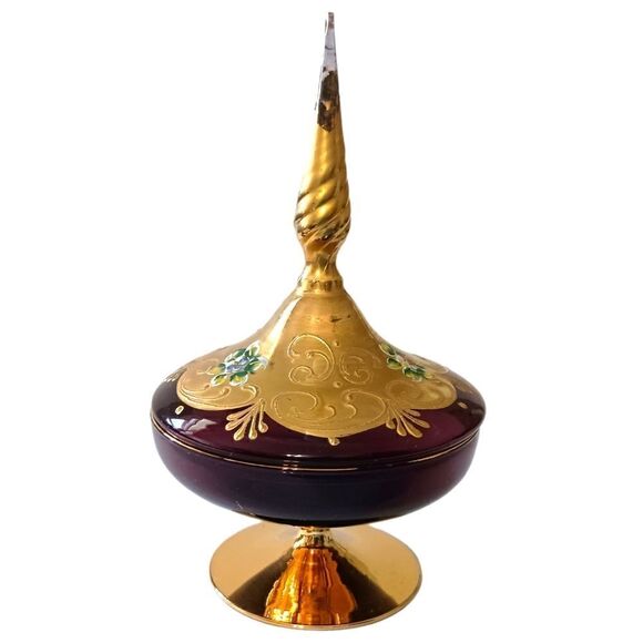 Ardalt Covered Dish Italy Gold Floral Amethyst Glass Gold Handpainted Vintage. - Picture 12 of 16